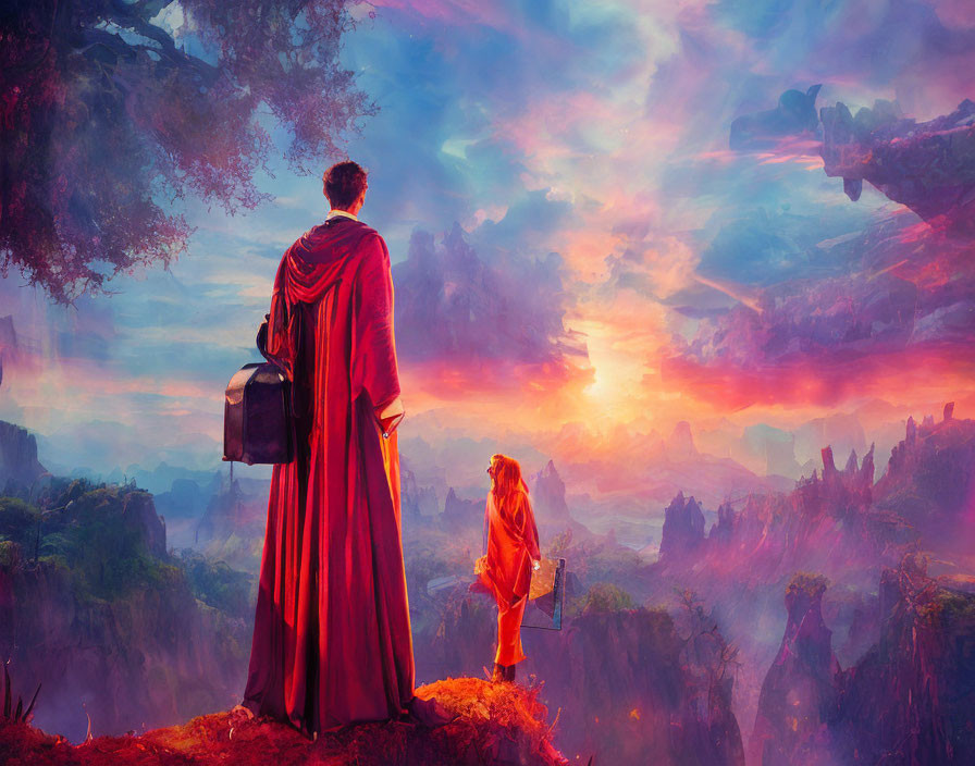 Person in Red Cloak on Rocky Outcrop Engaging with Small Figure in Surreal Landscape