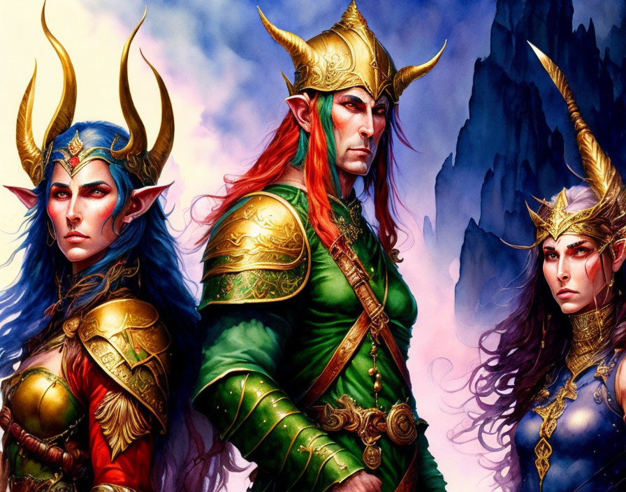 Fantasy elves in ornate armor against mystical mountain backdrop