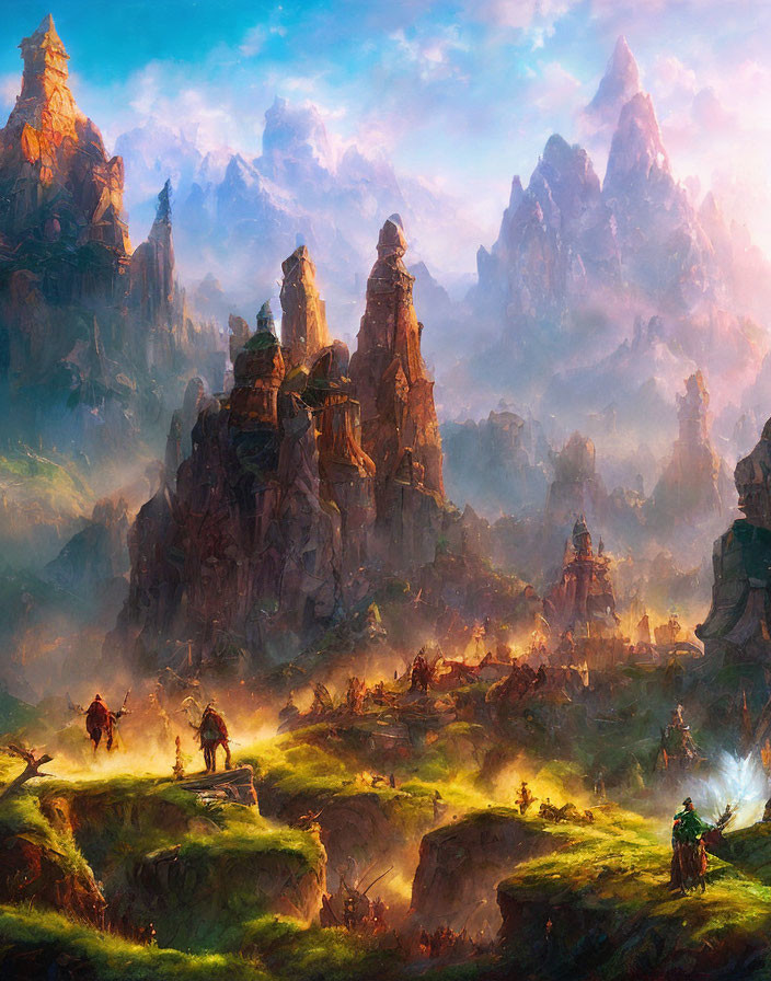 Fantasy landscape with adventurers and encampments under warm light