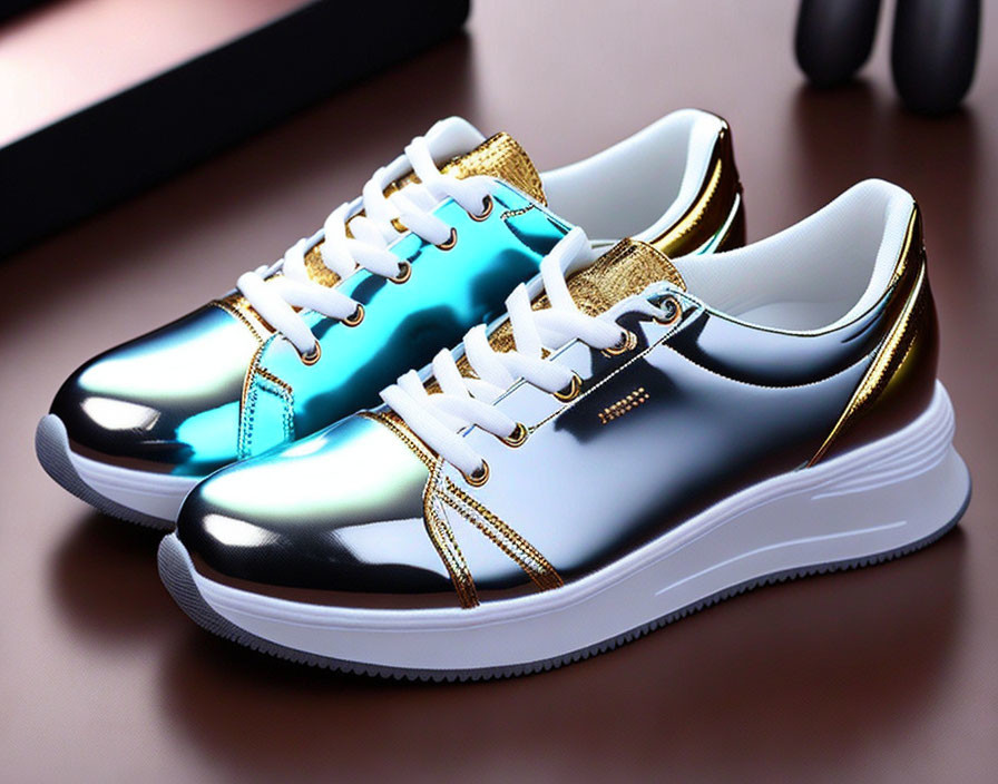 Shiny Blue and Gold Gradient Metallic Sneakers on Reflective Surface