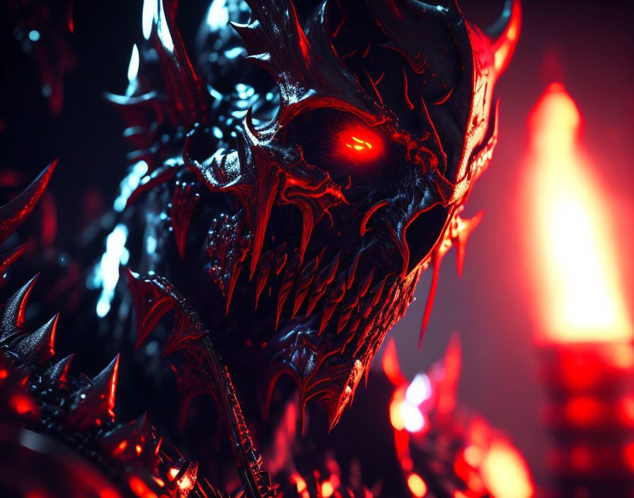 Dark figure with red glowing eyes and intricate armor details under red lighting