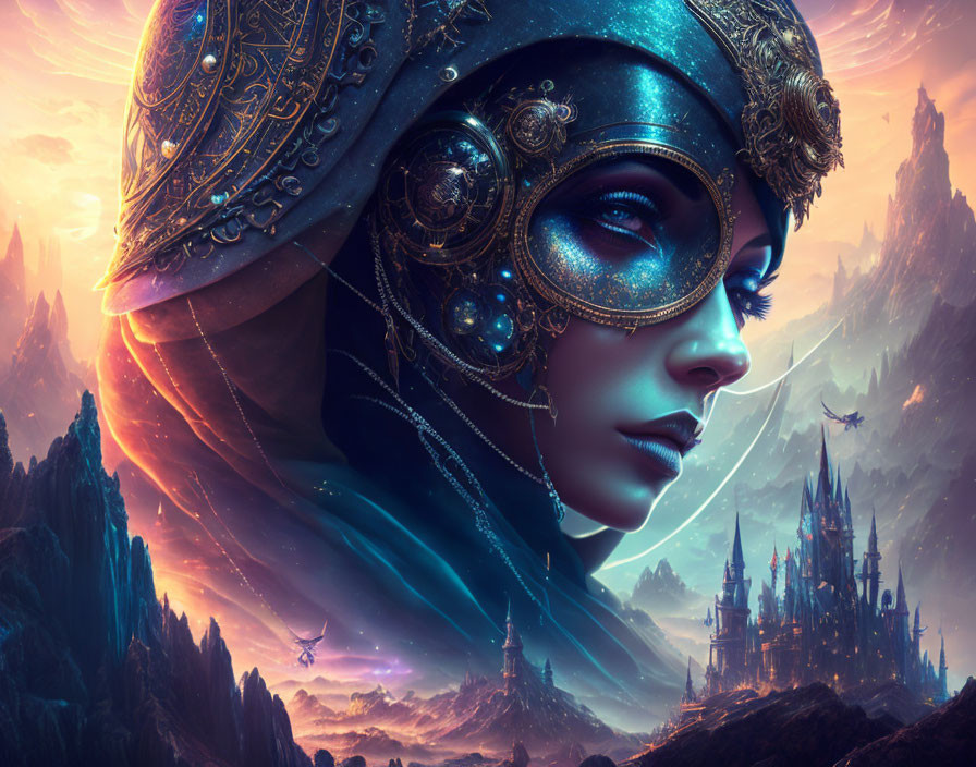 Fantasy Artwork: Woman with Steampunk Headgear and Blue Eyes