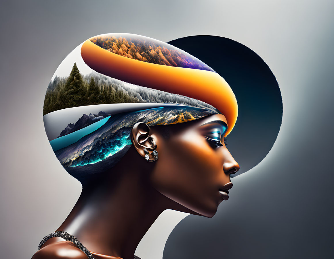 Person's Profile with Stylized Layered Landscape Depiction