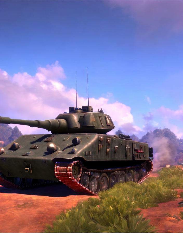 Green military tank in sunlit field under blue skies