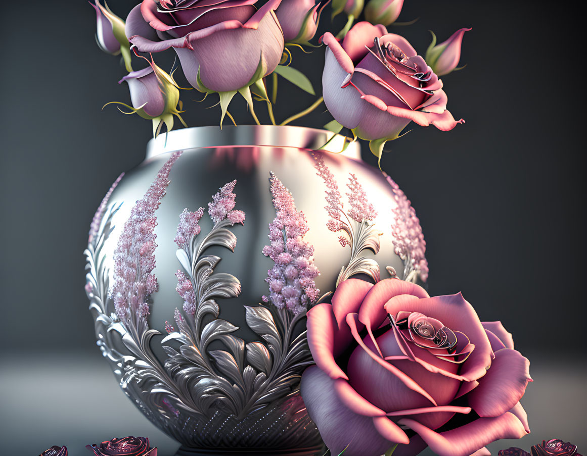 Floral Patterned Vase with Pink Roses on Grey Background