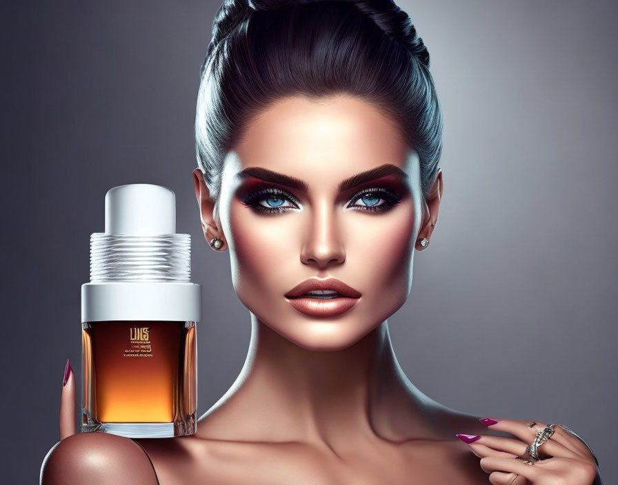 Elegant woman with bold makeup and styled hair holding perfume bottle