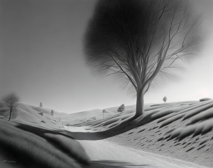 Monochromatic landscape with rolling hills and solitary tree