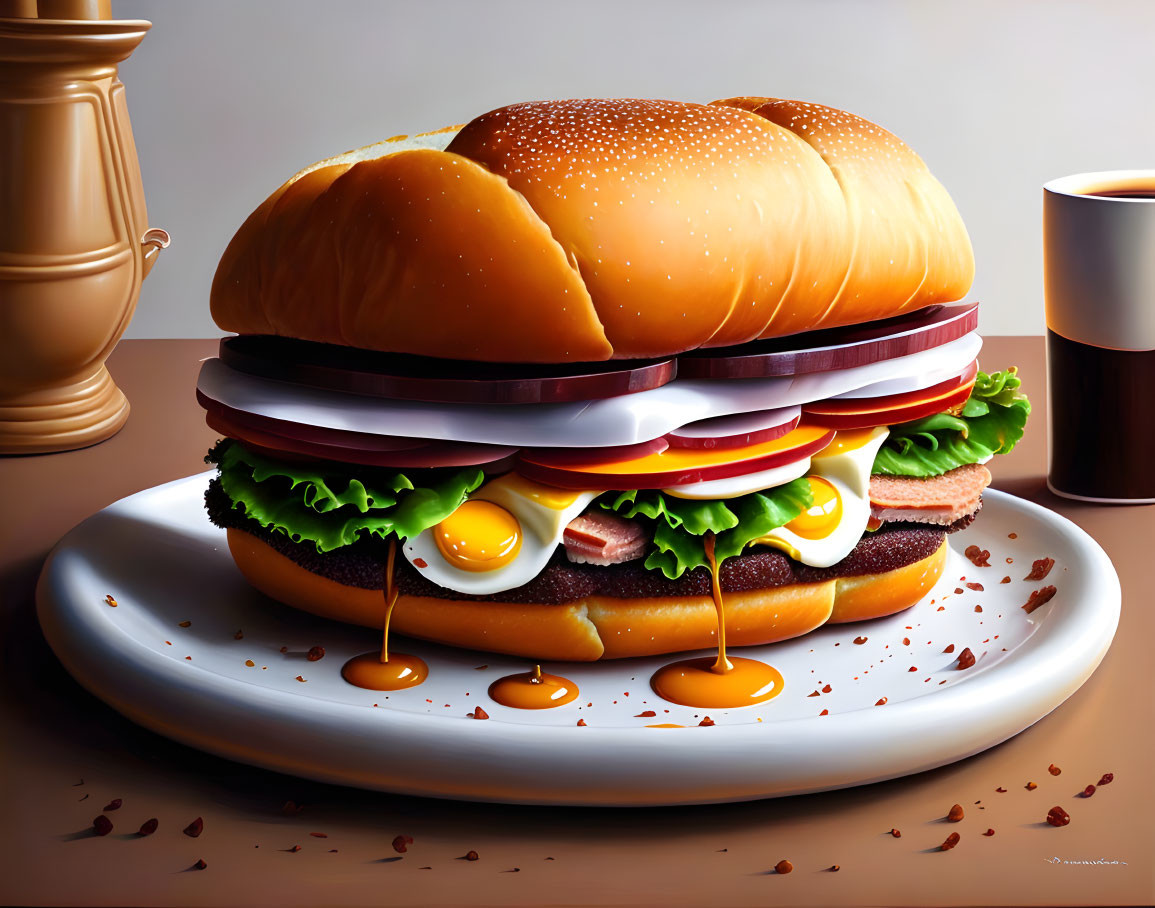 Detailed Hyper-Realistic Illustration of Layered Breakfast Sandwich and Coffee