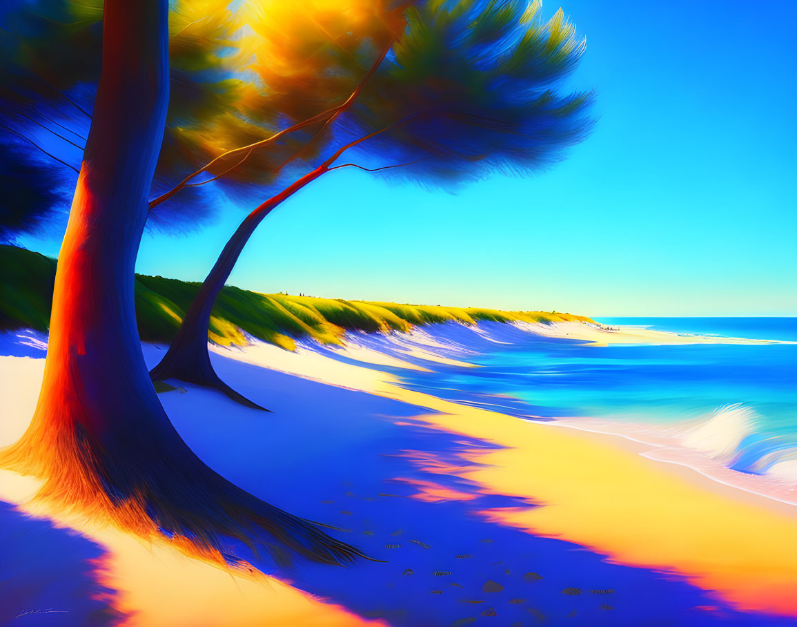 Colorful beach painting with blue sky, golden sand, and dynamic brush strokes.