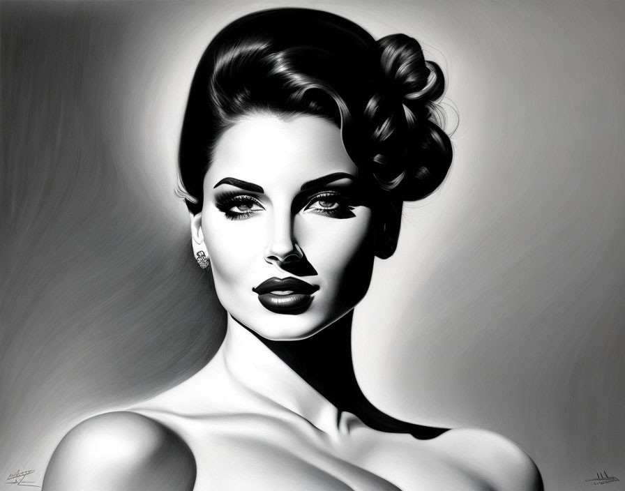 Monochrome digital portrait of a woman with classic Hollywood glamour style