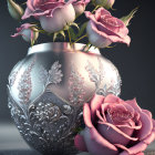 Floral Patterned Vase with Pink Roses on Grey Background