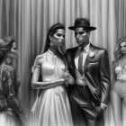 Monochrome illustration of stylish man in suit with three glamorous women, exuding elegance.