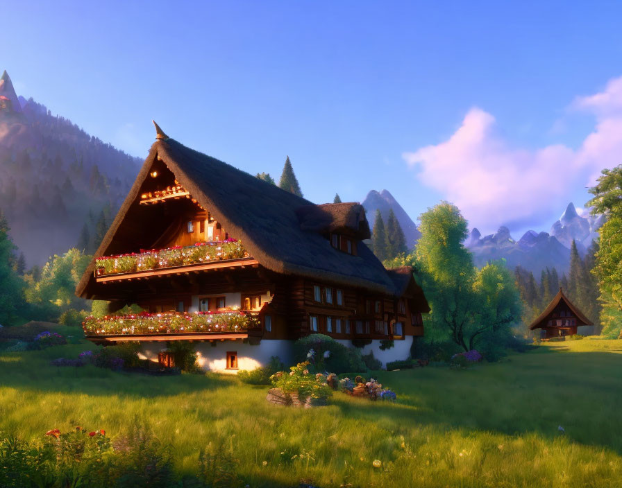 Digital artwork of charming chalet in serene forest at sunrise/sunset