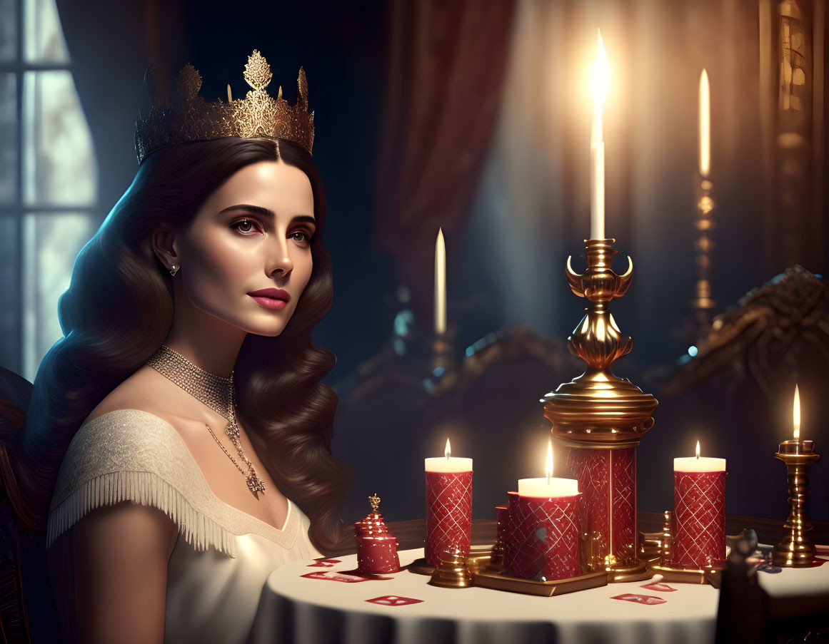 Regal woman with crown poses by candlelit table