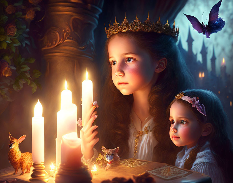 Two young girls with crown and animals in mystical interior.