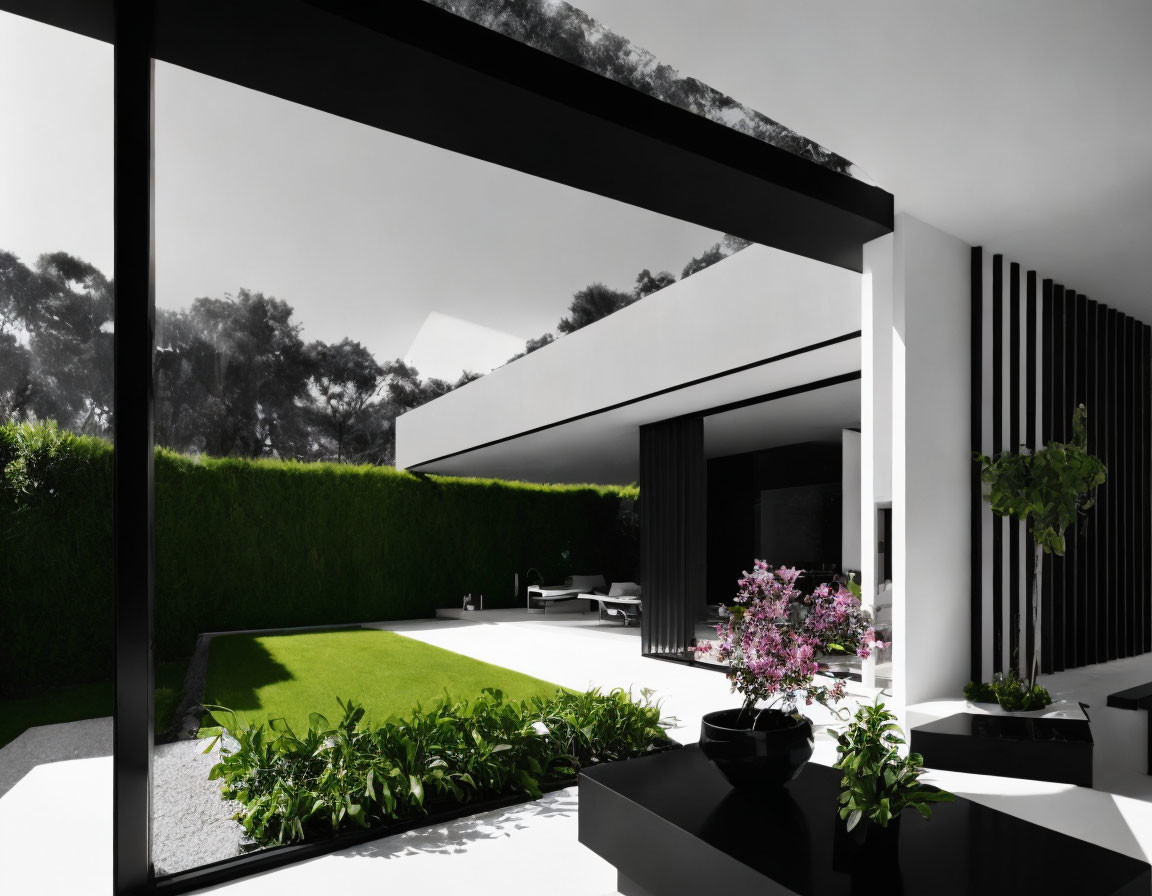 Monochrome palette modern house with large windows and lush garden