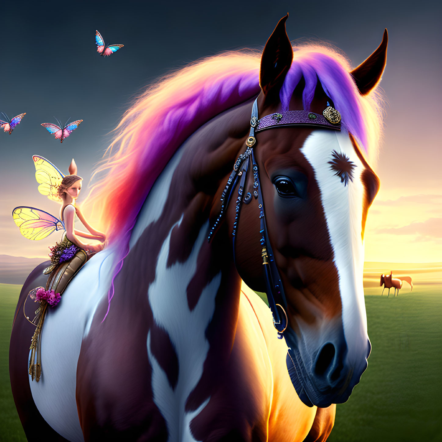 Winged fairy on majestic piebald horse with butterflies, sunset backdrop