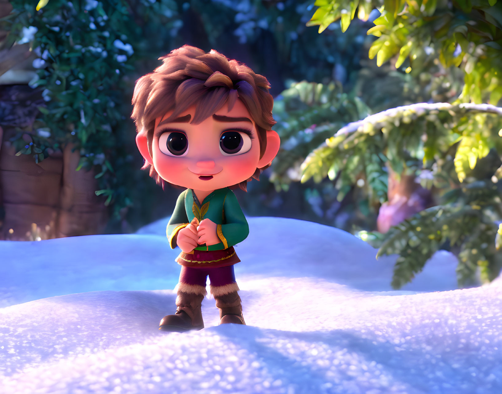 Brown-haired animated character in snowy setting with green attire