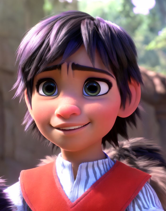 Purple-haired animated character with large eyes and red nose in red vest and striped shirt