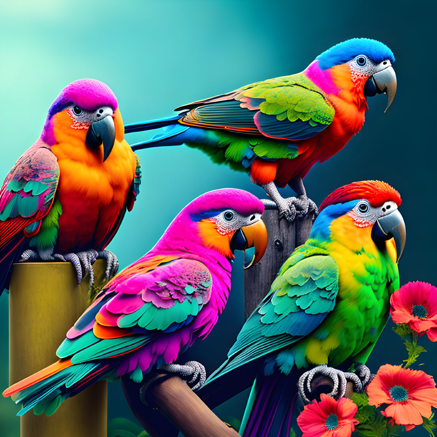 Colorful Parrots Perched on Branches with Vibrant Flowers and Teal Background