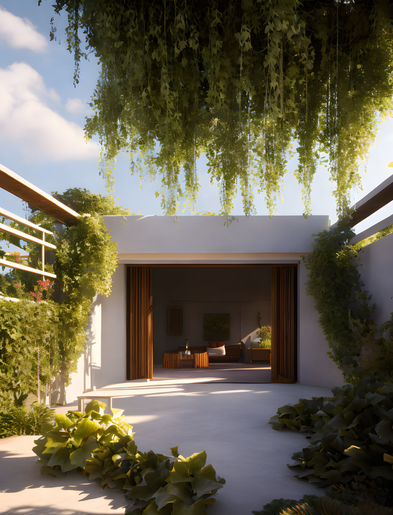 Tranquil outdoor patio with hanging greenery, lush plants, modern seating, and pergola sunlight