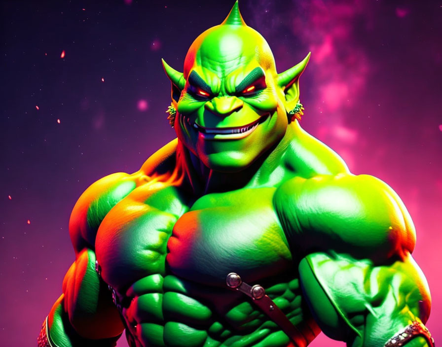 Muscular green-skinned character with pointed ears and yellow eyes in 3D illustration