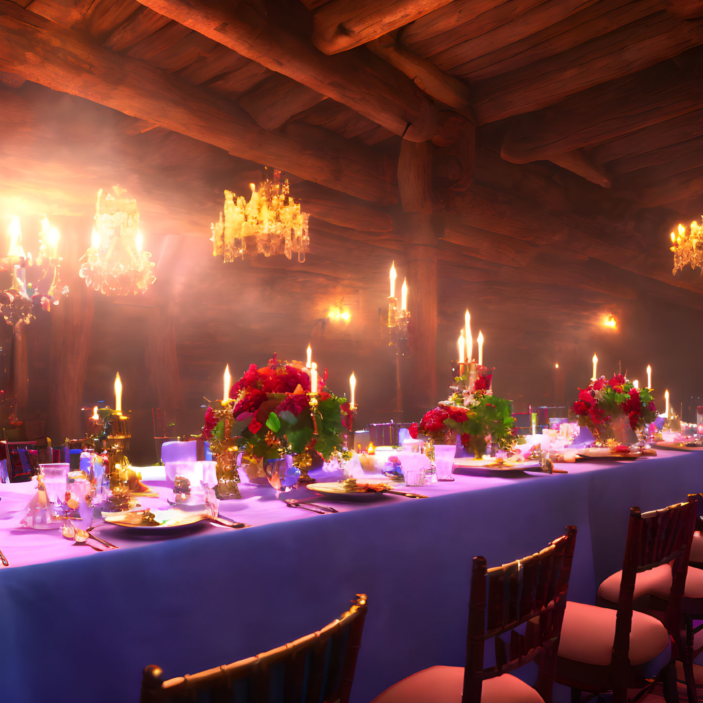 Luxurious Dinner Setting with Candles, Red Florals, Crystal Chandeliers, and Fine Table