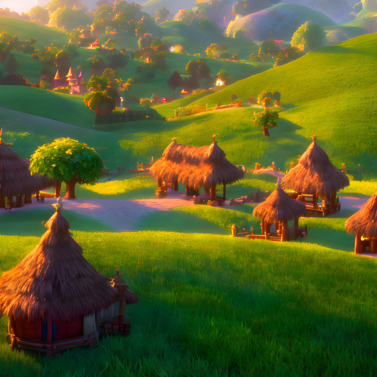 Sunset-lit Thatched Huts in Rolling Hills Scene