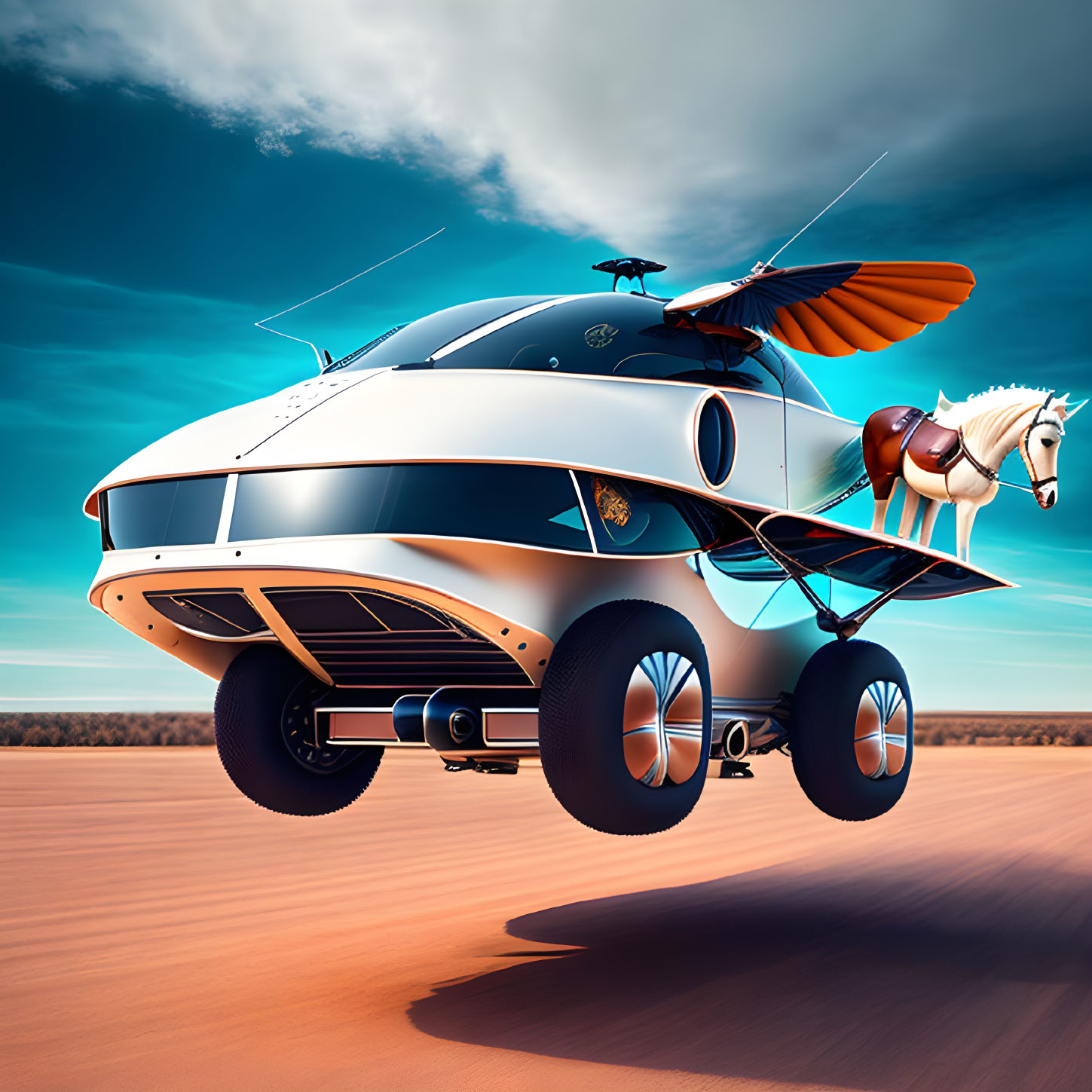 Winged yacht-like vehicle with mechanical horse hovers over desert landscape