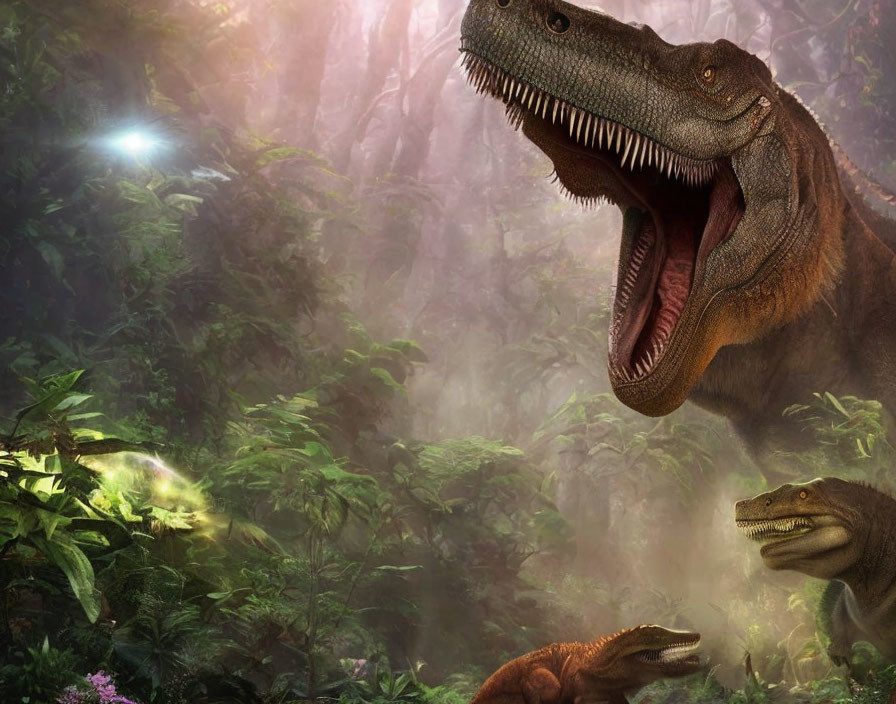 Three Tyrannosaurus rex in misty jungle with sunlight.