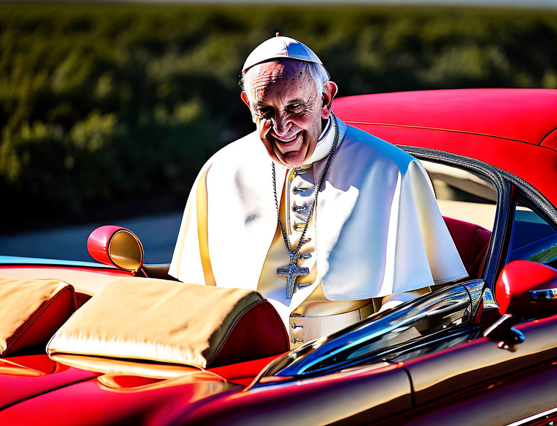 Person in religious attire smiles in red convertible car under sunlight.