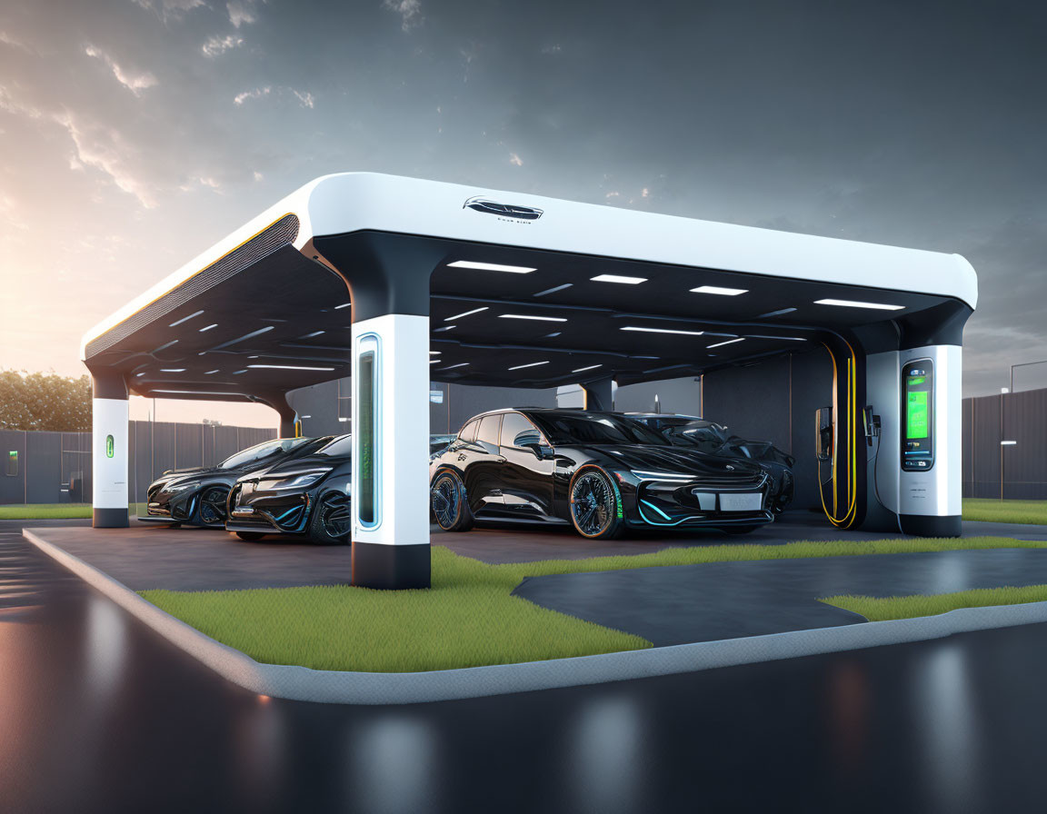 Modern electric vehicle charging station with sleek cars under illuminated canopy