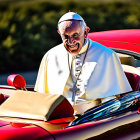 Person in religious attire smiles in red convertible car under sunlight.