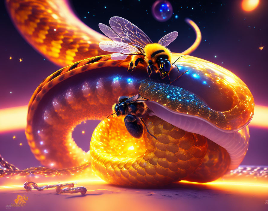 Luminescent snake with cosmic patterns and bees in surreal setting