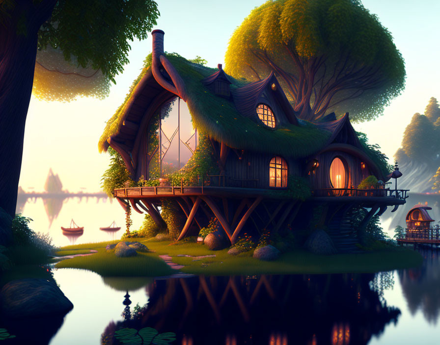 Whimsical treehouse nestled by serene lake at sunset