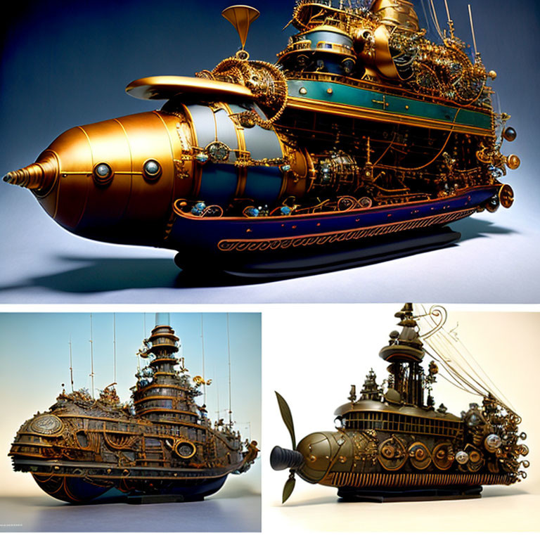 Three Intricately Designed Steampunk Submarines on Studio Background