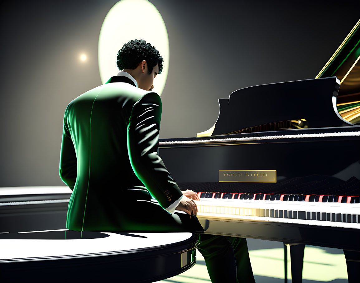 Man in Green Suit Playing Piano Under Spotlight with Circular Backdrop