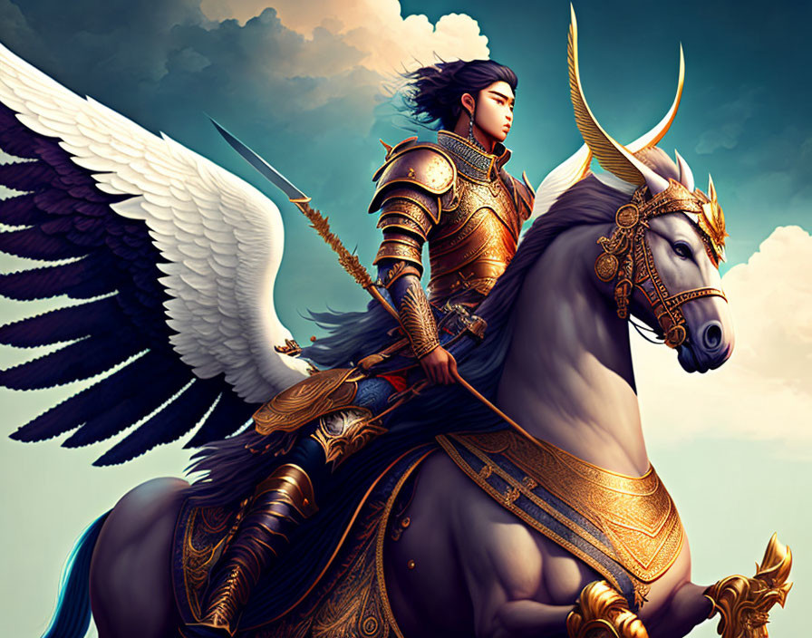 Illustration: Winged, horned horse with armored warrior under cloudy sky