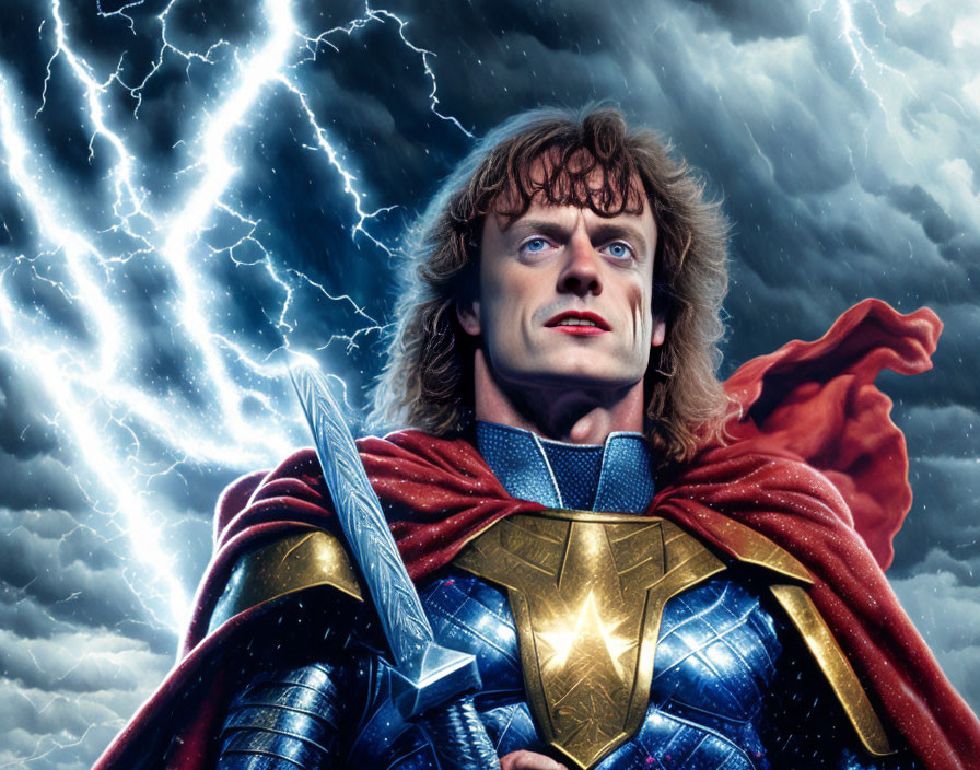 Male superhero with long blond hair, red cape, blue suit, lightning bolt emblem, sword, storm