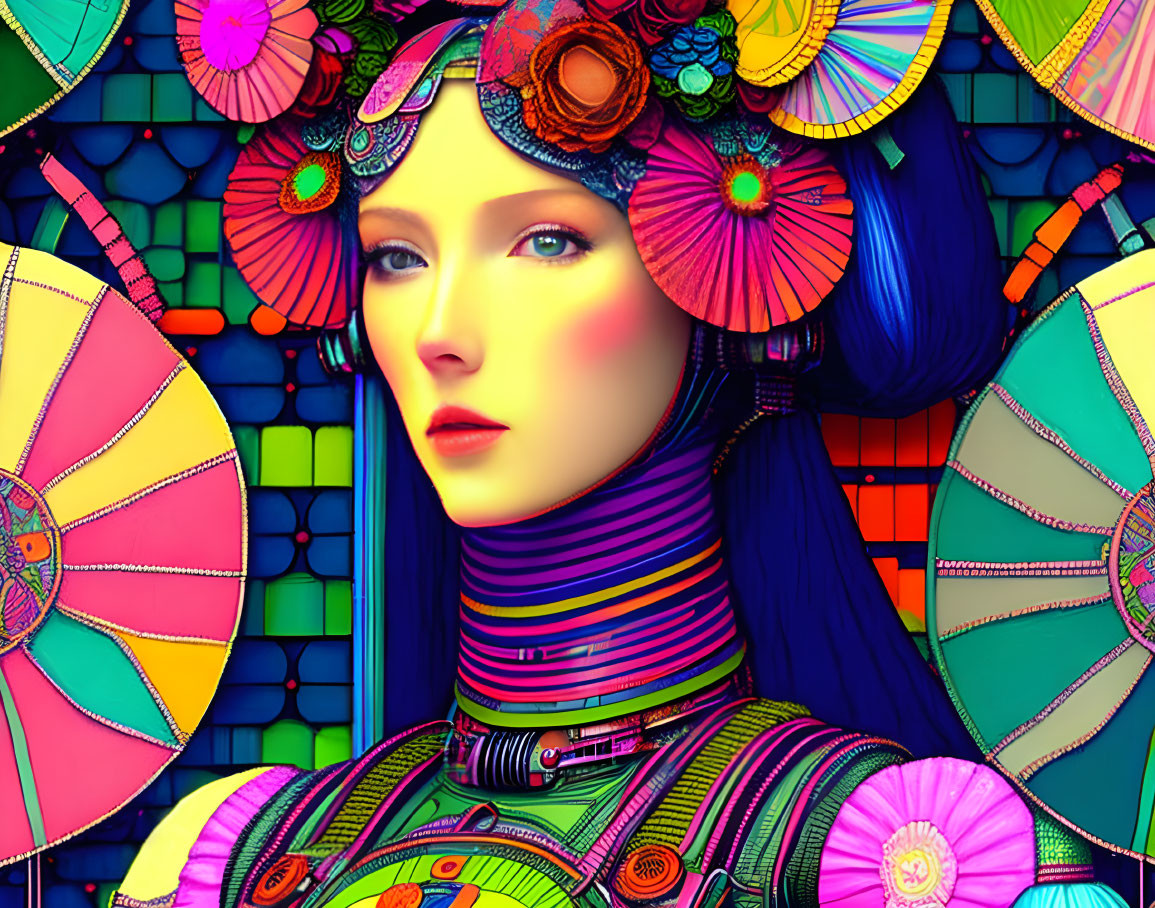 Colorful digital portrait of woman with blue hair and intricate patterns on mosaic backdrop