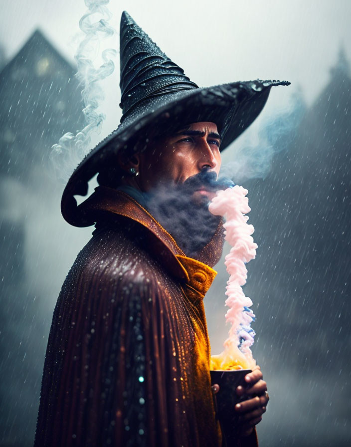 Wizard Costume Exhaling Colorful Smoke in Snowy Scene