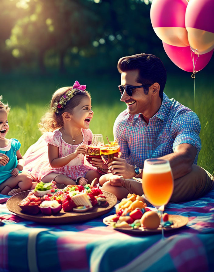 Family picnic outdoors with man toasting, young girl, balloons, and food spread.