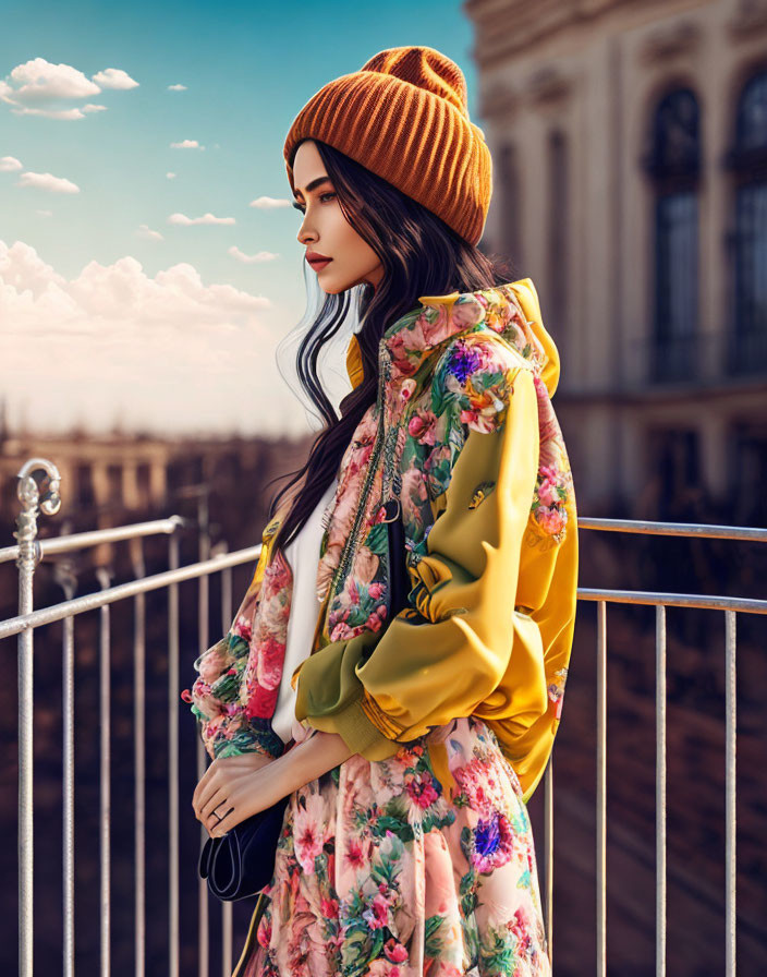 Woman in Floral Dress and Yellow Jacket Overlooking Cityscape