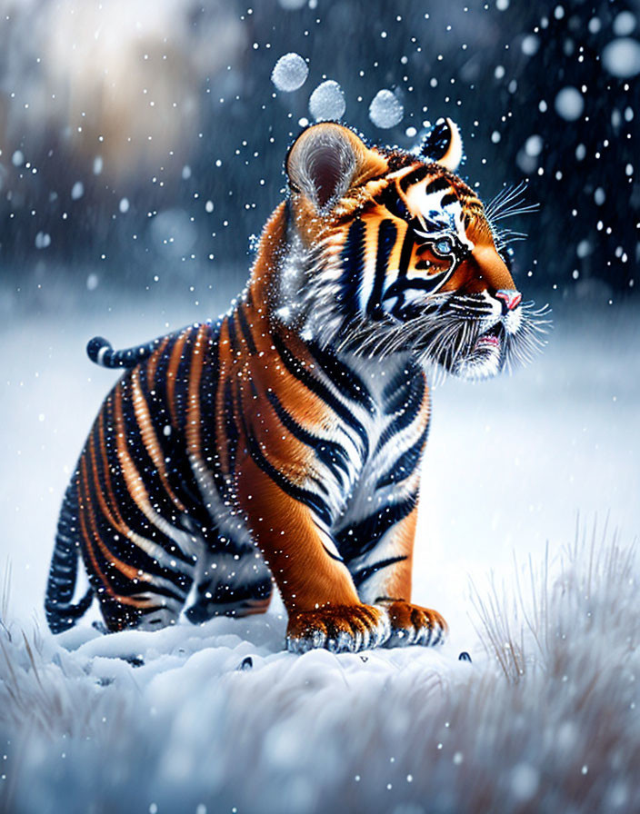 Young tiger in snow with falling snowflakes, vibrant orange and black stripes