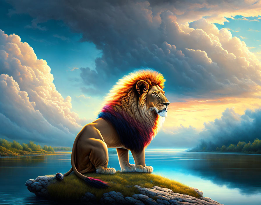 Majestic lion with vibrant multicolored mane by calm waters at dusk