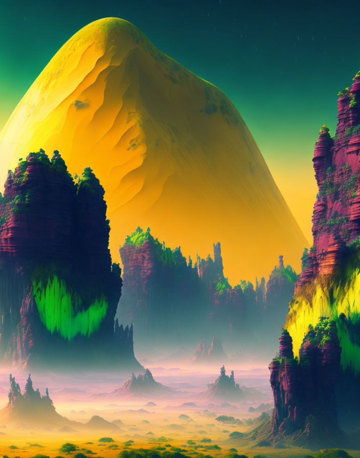 Alien landscape with towering rock formations and yellow planet in greenish mist