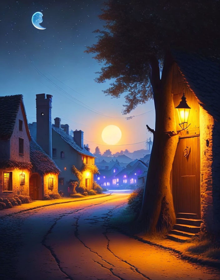 Twilight village street with glowing lanterns and warm light