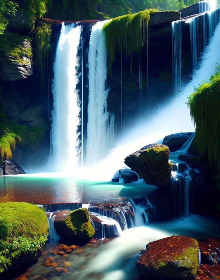 Tranquil Waterfall Scene with Moss-Covered Rocks and Greenery