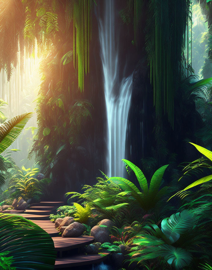 Tranquil jungle waterfall with wooden walkway