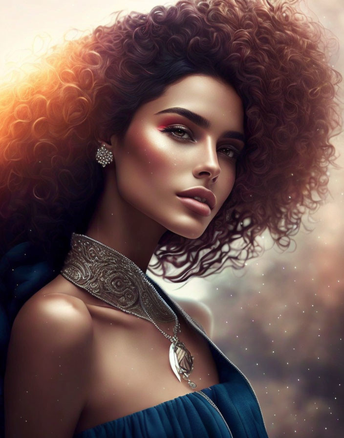 Woman with Voluminous Curly Hair and Striking Makeup in Dreamy Bokeh-lit Setting